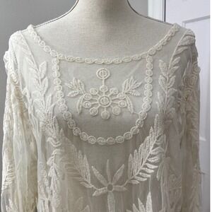 Boho Sheer Floral Embroidered Tunic Sz L Ivory Mesh Boho Fairy Romantic Beach